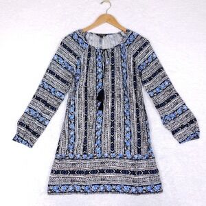 Express Womens Blue‎ Boho Floral Geometric Tassel Peasant Shift Mini Dress Small